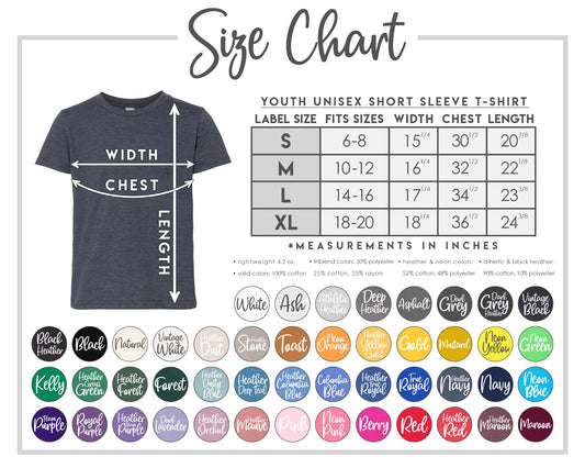 Size chart for youth unisex short sleeve t-shirts with color swatches below.