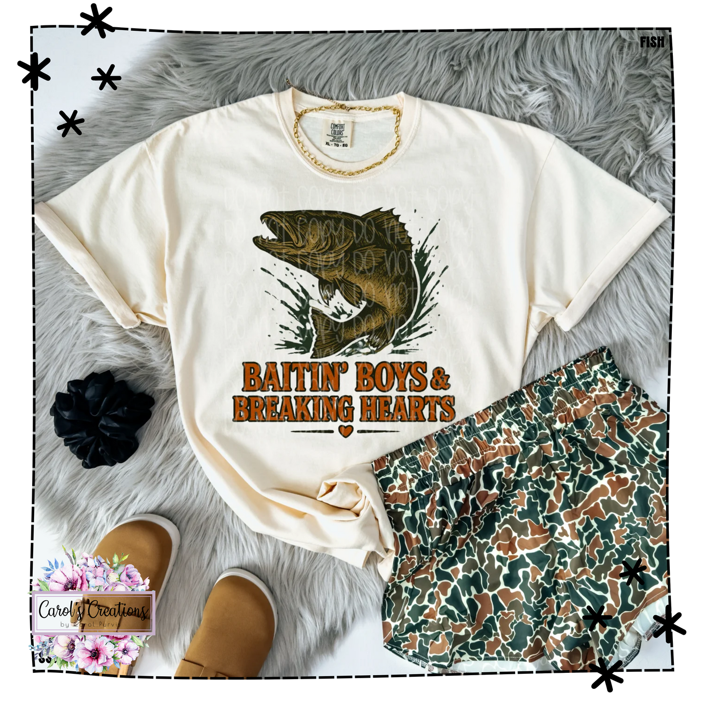 White t-shirt with fish graphic and text, camouflage shorts, and brown shoes on a gray fur surface.