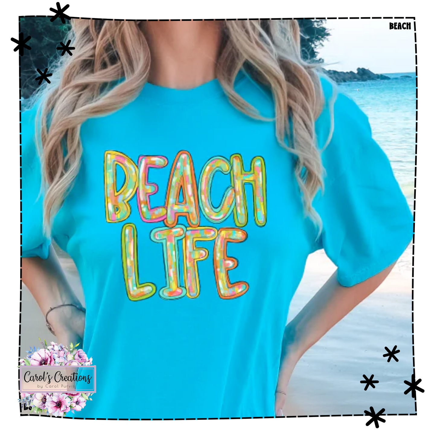 Person wearing a blue 'Beach Life' t-shirt with a beach background