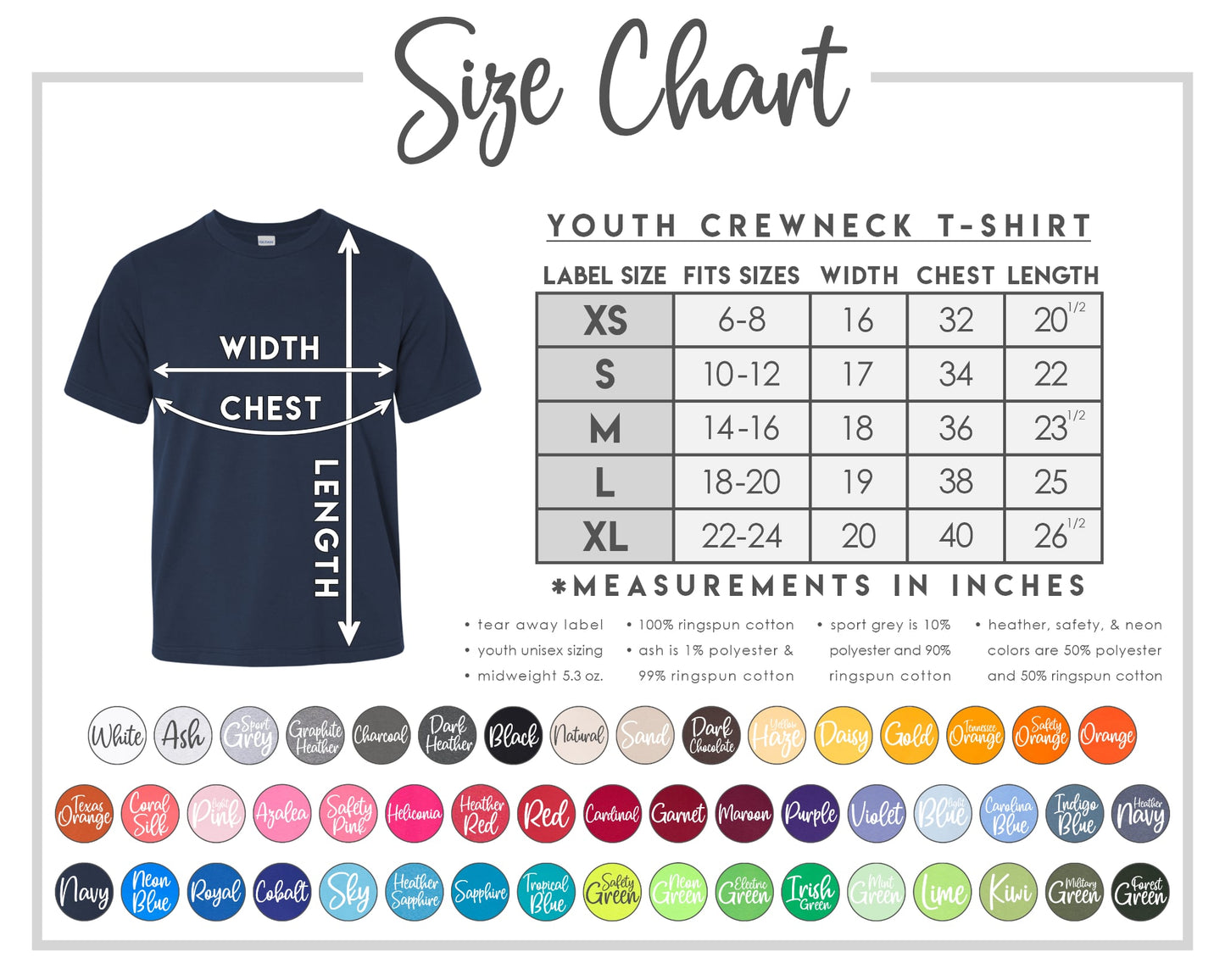 Size chart for youth crewneck t-shirts with a navy t-shirt and color swatches.