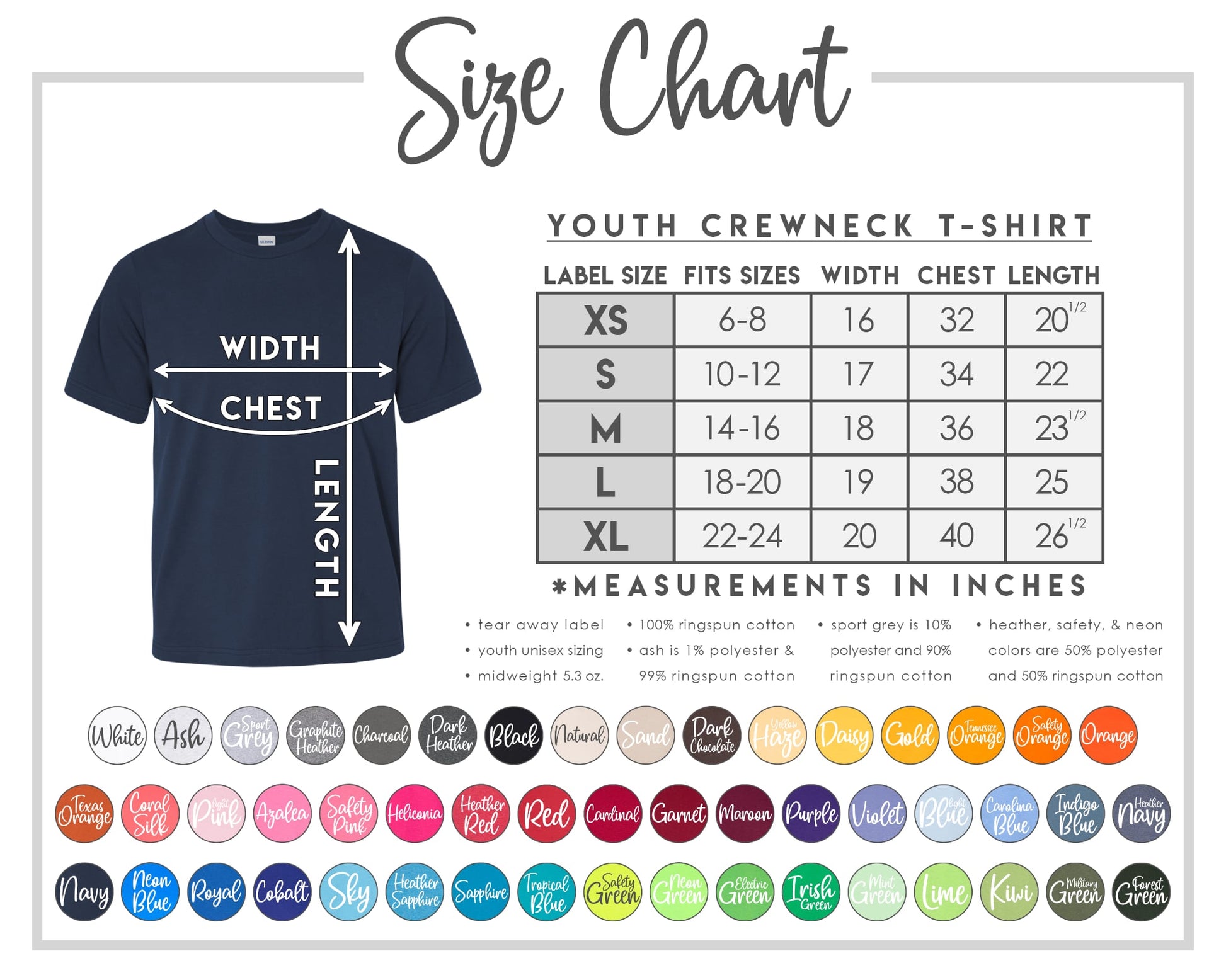 Size chart for youth crewneck t-shirts with a navy t-shirt and color swatches.