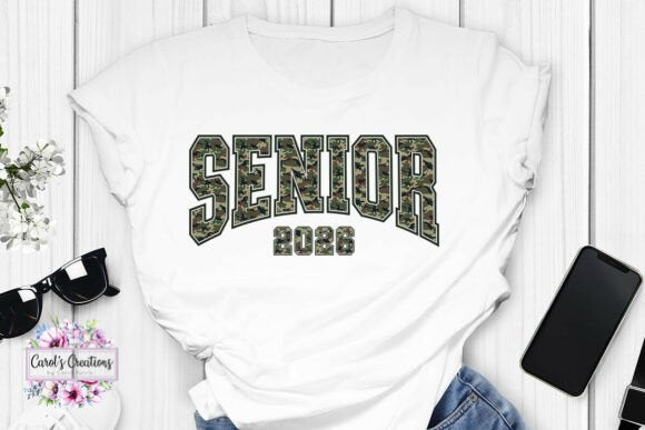 White t-shirt with 'Senior 2020' print on a white background