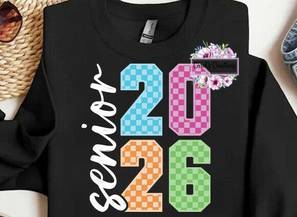 Black sweatshirt with 'senior 2026' design featuring colorful numbers and flowers.