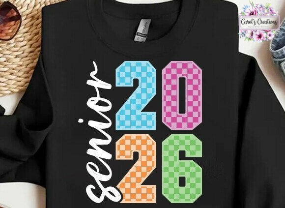 Black sweatshirt with 'senior 2026' text in colorful checkered numbers