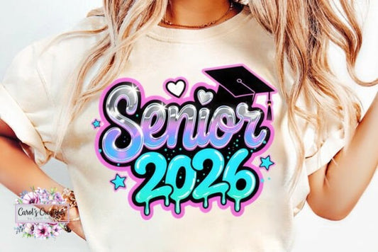T-shirt with 'Senior 2026' design on a plain background