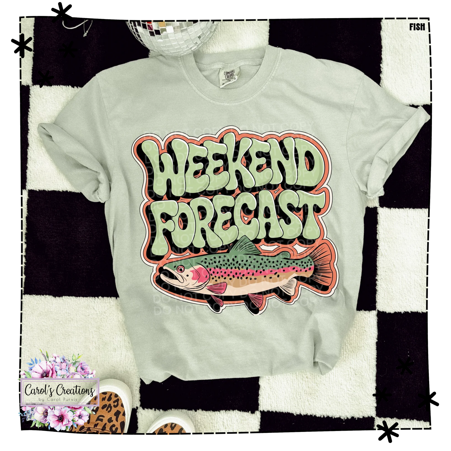 Gray t-shirt with 'Weekend Forecast' and fish graphic on a checkered background